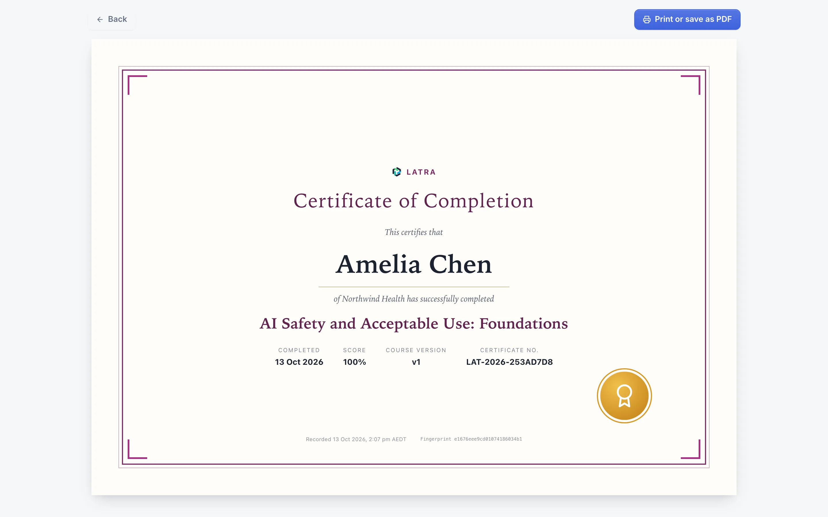 A Latra training certificate