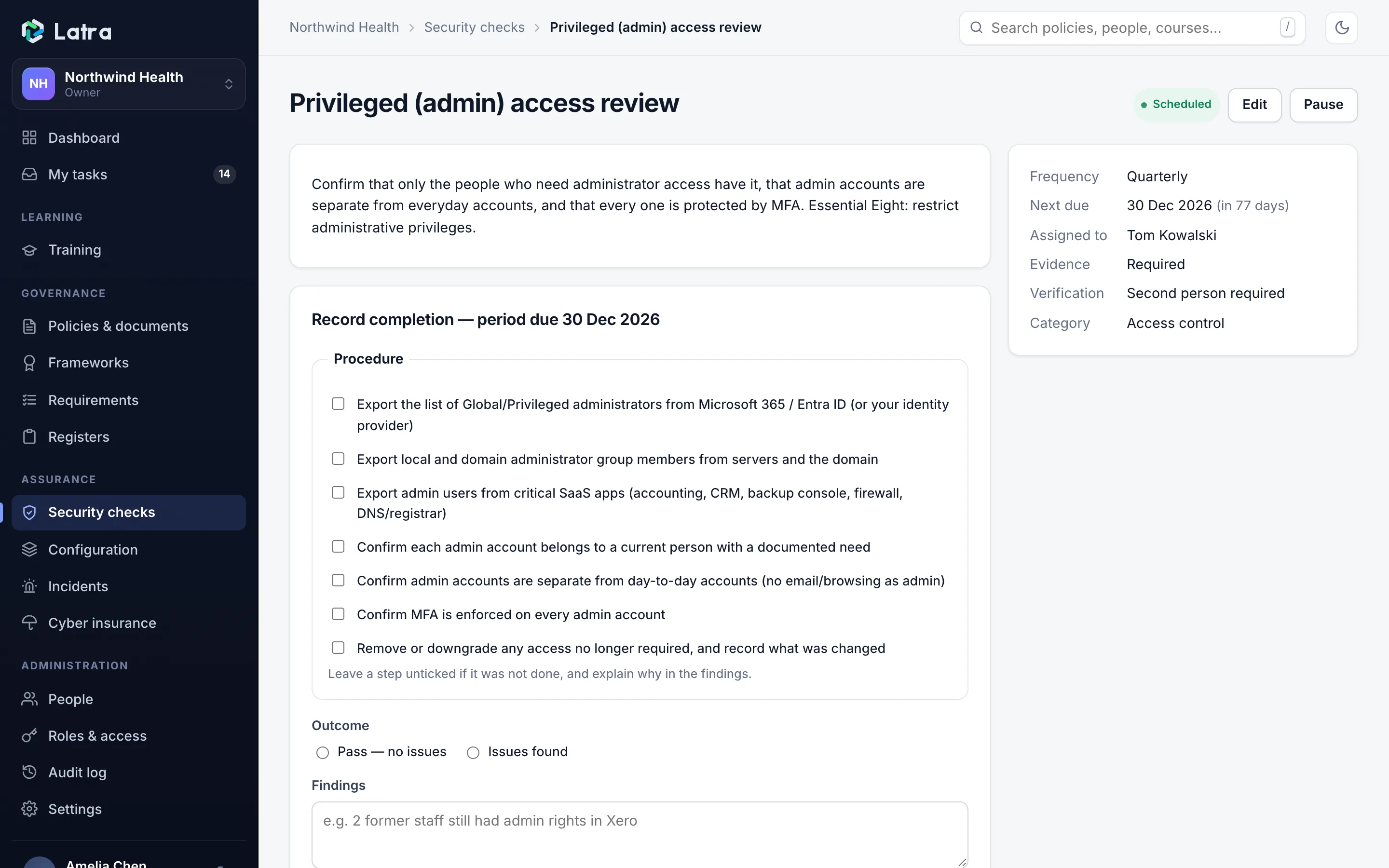 A Latra security check record with procedure and evidence