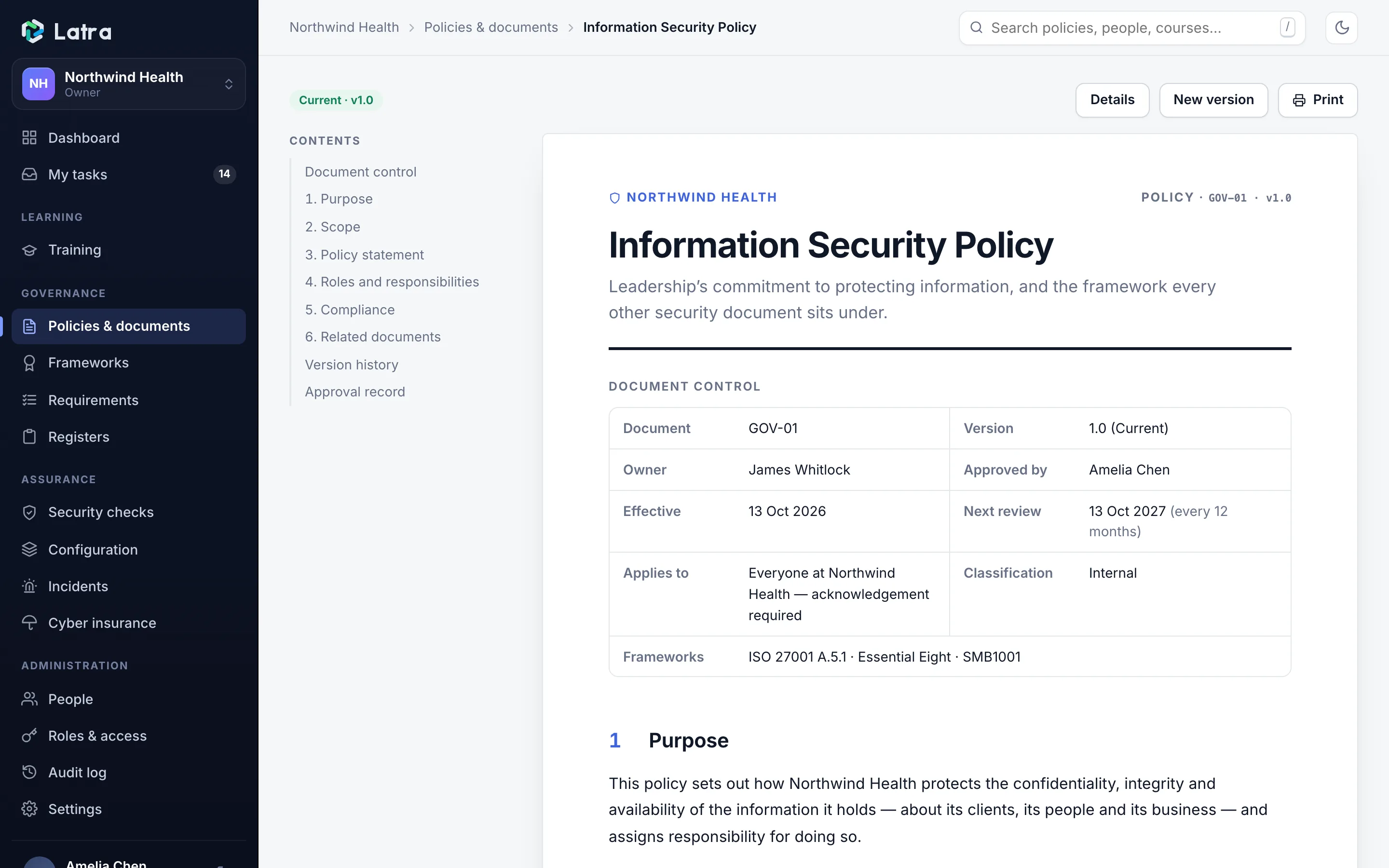 A Latra Information Security Policy shown as a controlled document with document control table and contents