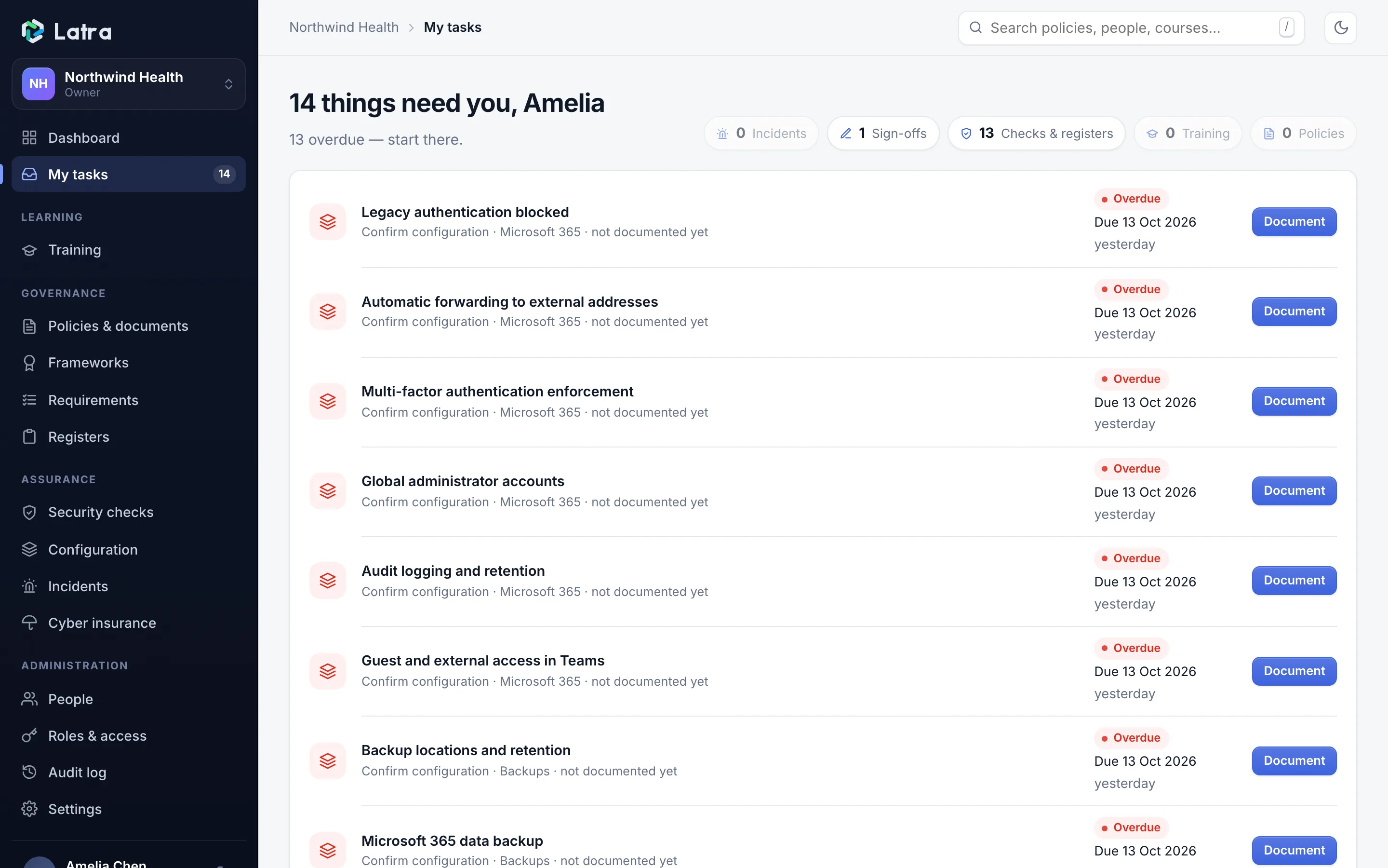 A Latra inbox listing a person's tasks