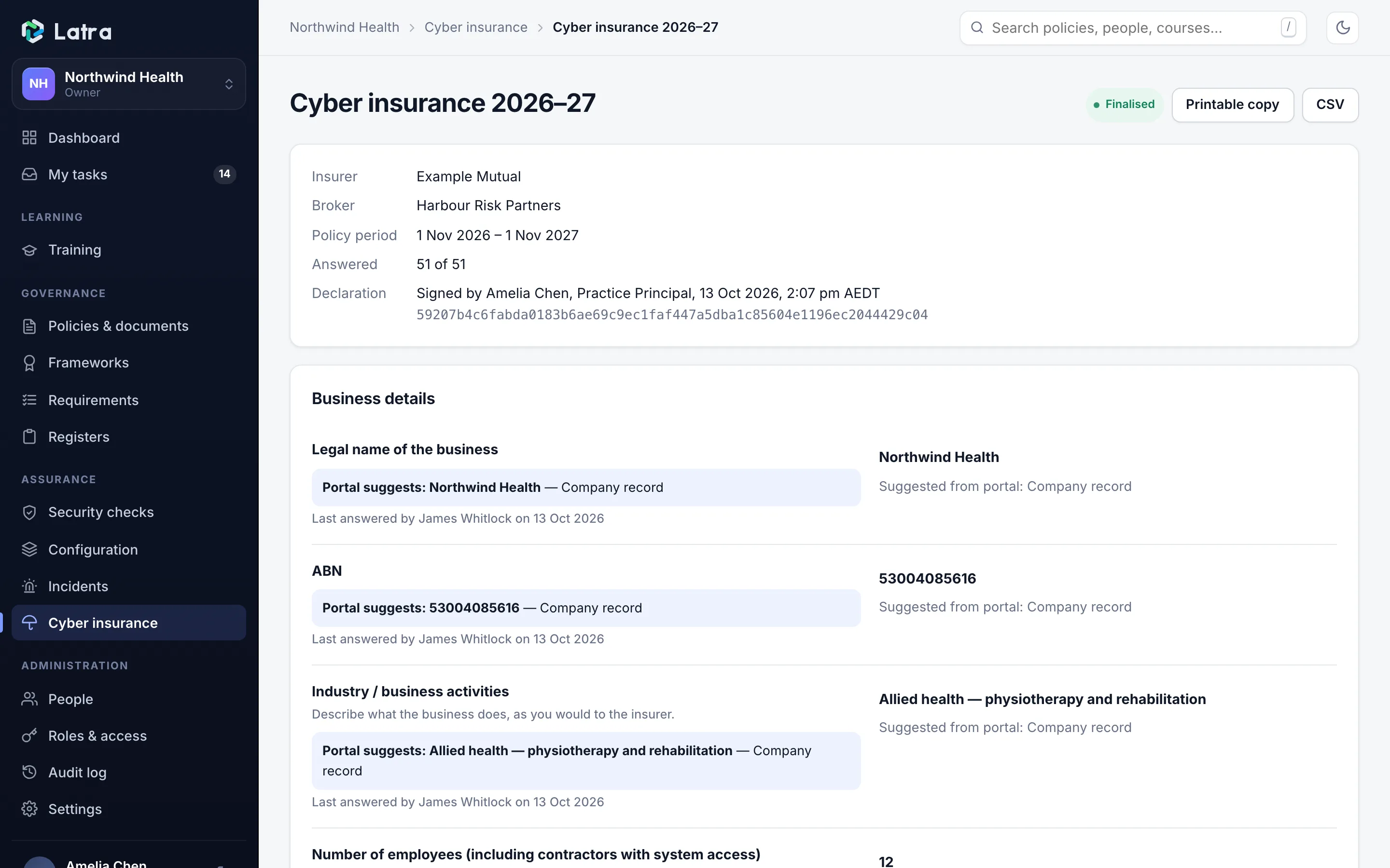 A Latra cyber insurance application with answers suggested from the company's records