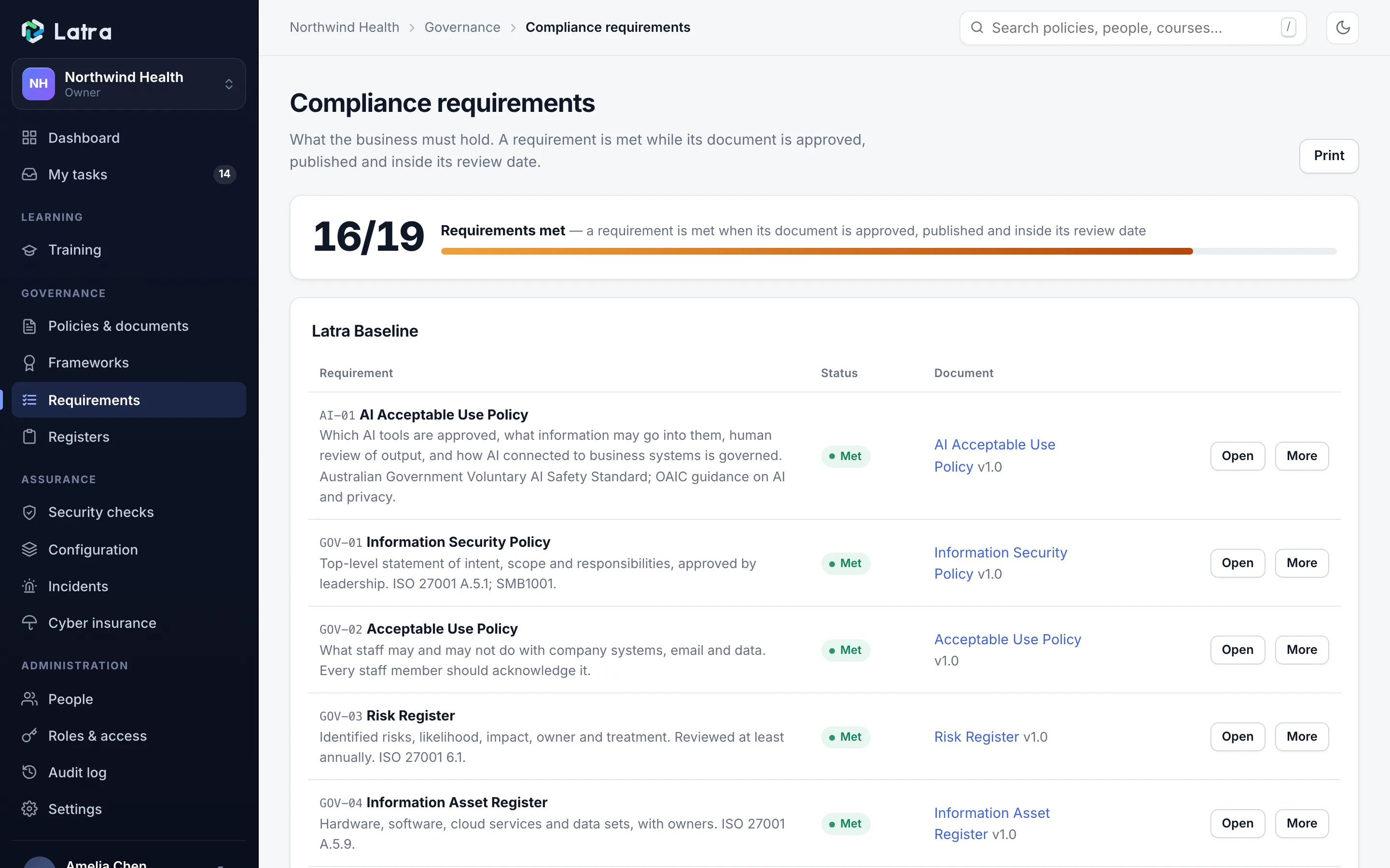 The Latra requirements register